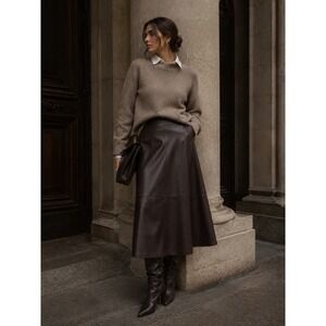 H&M Edition Dark Brown Vegan Leather High Waist Midi Skirt‎ Flared Minimalist 12